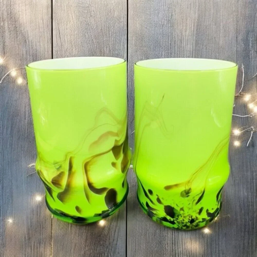 Vintage Bohemian Tumbler Glasses Set 2 Cases Green Black Swirls Glasses Cups VTG
